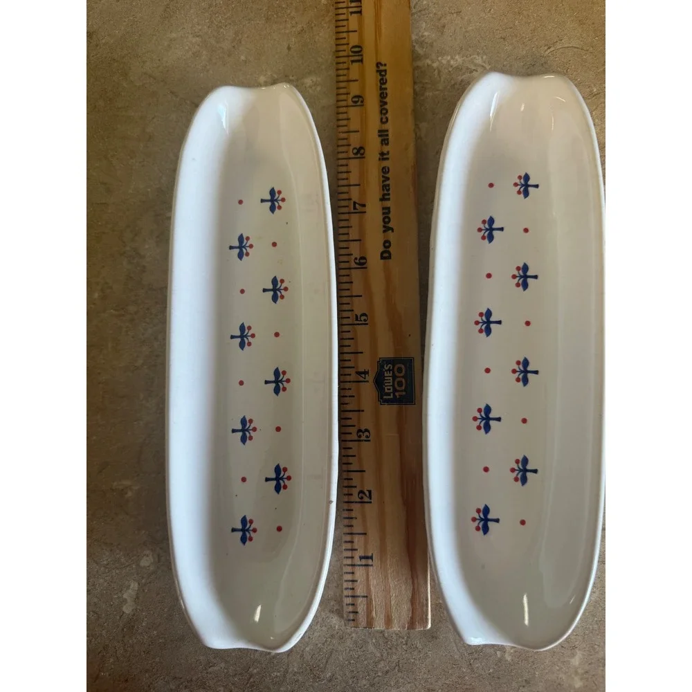 Vintage Ceramic Corn on the Cob Dishes Set of‎ 2 Blue Tree Red Berry Folk Art